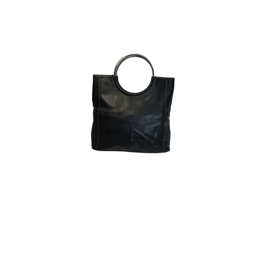Vintage 90s Black Faux Leather Metal O Ring Circle Handle Tote Bag Minimalist - Picture 3 of 3